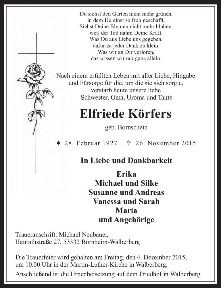  Traueranzeige für Elfriede Körfers vom 02.12.2015 aus  Schaufenster/Blickpunkt 