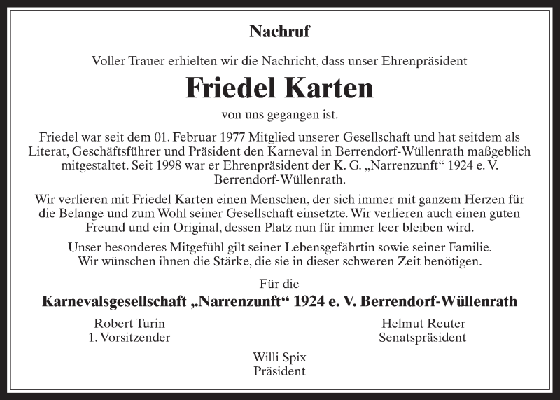 Traueranzeige für Friedel Karten vom 08.04.2015 aus  Werbepost 