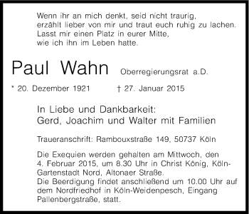 Anzeige von Paul Wahn von Kölner Stadt-Anzeiger / Kölnische Rundschau / Express