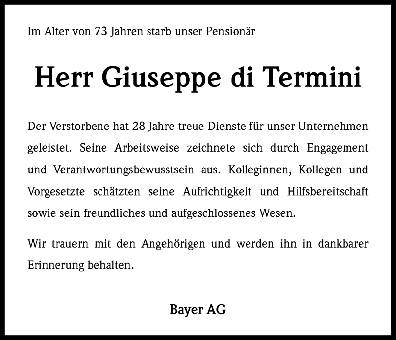  Traueranzeige für Giuseppe Di Termini vom 26.01.2015 aus Kölner Stadt-Anzeiger / Kölnische Rundschau / Express