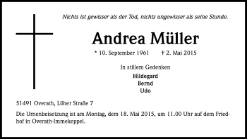 Anzeige von Andrea Müller von Kölner Stadt-Anzeiger / Kölnische Rundschau / Express