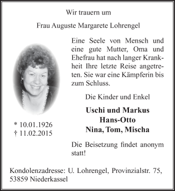 Anzeige von Auguste Margarete Lohrengel von  Extra Blatt 