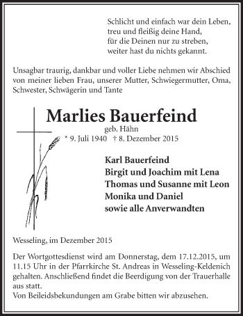 Anzeige von Marlies Bauerfeind von  Schlossbote/Werbekurier 