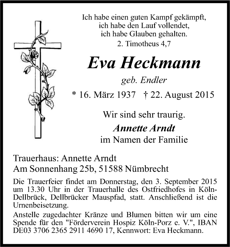  Traueranzeige für Eva Heckmann vom 29.08.2015 aus Kölner Stadt-Anzeiger / Kölnische Rundschau / Express