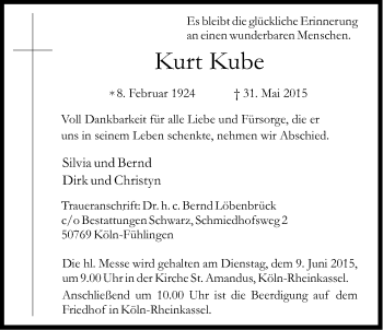 Anzeige von Kurt Kube von Kölner Stadt-Anzeiger / Kölnische Rundschau / Express