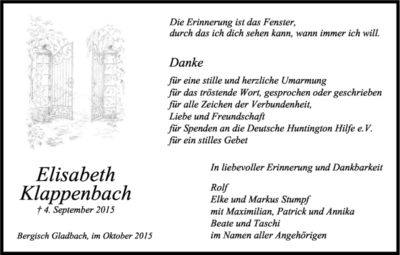  Traueranzeige für Elisabeth Klappenbach vom 10.10.2015 aus Kölner Stadt-Anzeiger / Kölnische Rundschau / Express