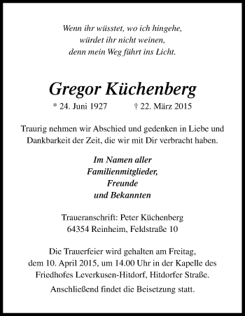 Anzeige von Gregor Küchenberg von Kölner Stadt-Anzeiger / Kölnische Rundschau / Express
