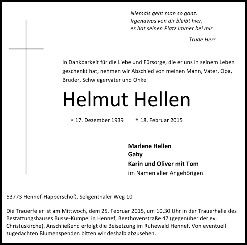  Traueranzeige für Helmut Hellen vom 21.02.2015 aus Kölner Stadt-Anzeiger / Kölnische Rundschau / Express