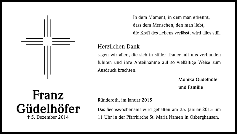  Traueranzeige für Franz Güdelhöfer vom 17.01.2015 aus Kölner Stadt-Anzeiger / Kölnische Rundschau / Express