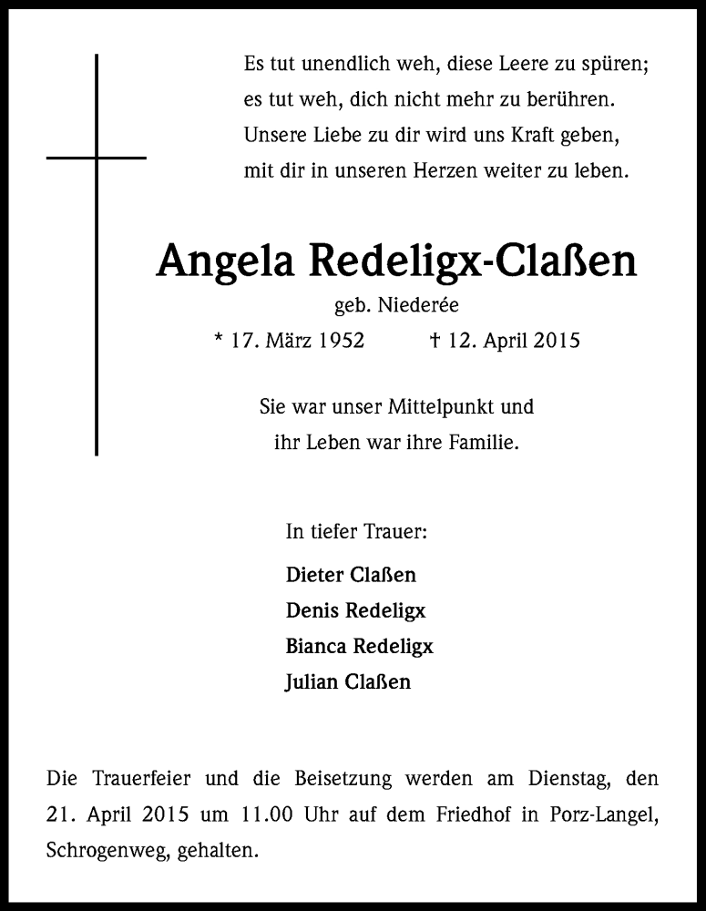  Traueranzeige für Angela Redeligx-Claßen vom 18.04.2015 aus Kölner Stadt-Anzeiger / Kölnische Rundschau / Express