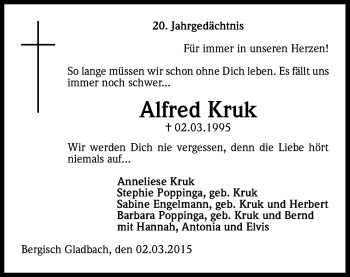Anzeige von Alfred Kruk von Kölner Stadt-Anzeiger / Kölnische Rundschau / Express