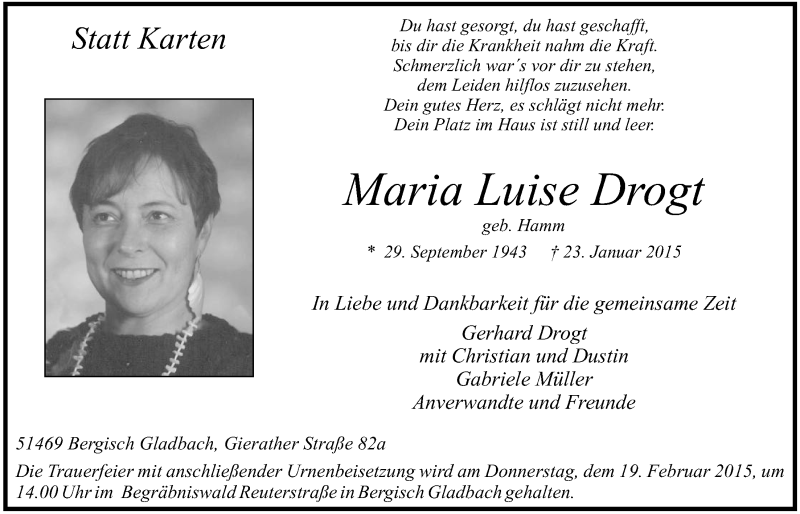  Traueranzeige für Maria Luise Drogt vom 11.02.2015 aus  Bergisches Handelsblatt 