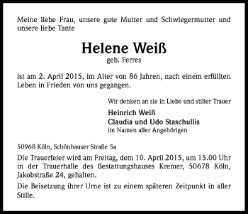 Anzeige von Helene Weiß von Kölner Stadt-Anzeiger / Kölnische Rundschau / Express