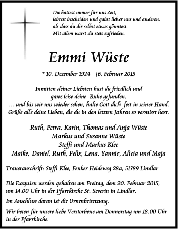 Anzeige von Emmi Wüste von Kölner Stadt-Anzeiger / Kölnische Rundschau / Express
