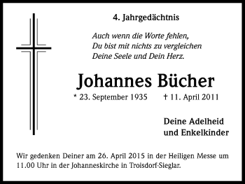 Anzeige von Johannes Bücher von Kölner Stadt-Anzeiger / Kölnische Rundschau / Express