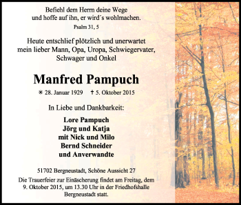 Anzeige von Manfred Pampuch von Kölner Stadt-Anzeiger / Kölnische Rundschau / Express