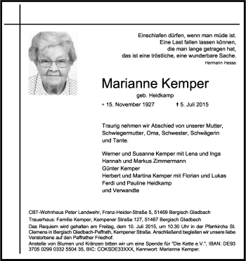 Anzeige von Marianne Kemper von Kölner Stadt-Anzeiger / Kölnische Rundschau / Express