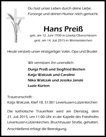 Anzeige von Hans Preiß von Kölner Stadt-Anzeiger / Kölnische Rundschau / Express