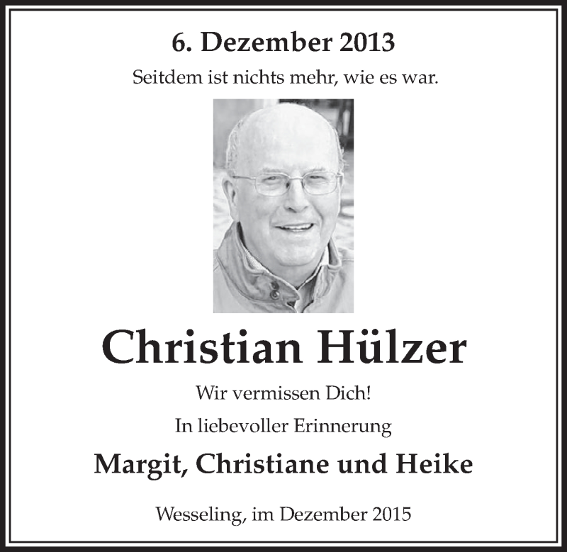  Traueranzeige für Christian Hülzer vom 09.12.2015 aus  Schlossbote/Werbekurier 