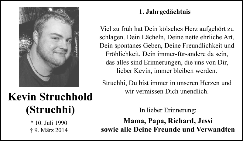  Traueranzeige für Kevin Struchhold vom 11.03.2015 aus  Kölner Wochenspiegel 