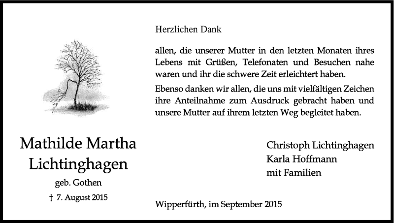  Traueranzeige für Mathilde Martha Lichtinghagen vom 19.09.2015 aus Kölner Stadt-Anzeiger / Kölnische Rundschau / Express