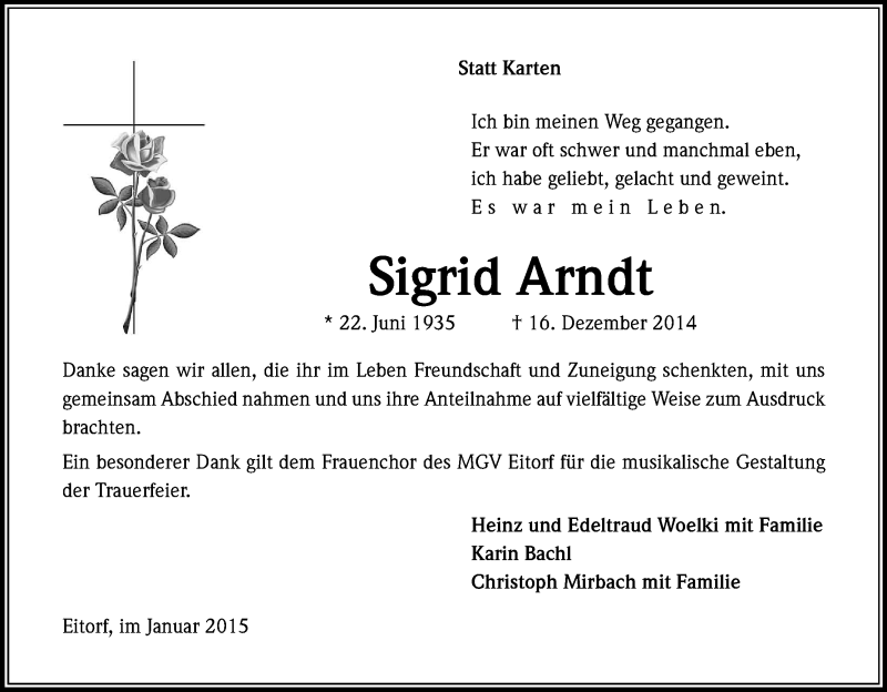  Traueranzeige für Sigrid Arndt vom 24.01.2015 aus Kölner Stadt-Anzeiger / Kölnische Rundschau / Express