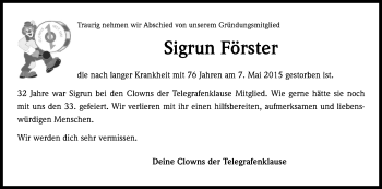 Anzeige von Sigrun Förster von Kölner Stadt-Anzeiger / Kölnische Rundschau / Express