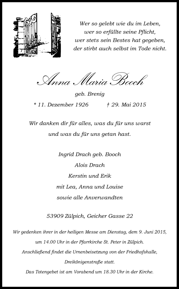  Traueranzeige für Anna Maria Booch vom 04.06.2015 aus Kölner Stadt-Anzeiger / Kölnische Rundschau / Express