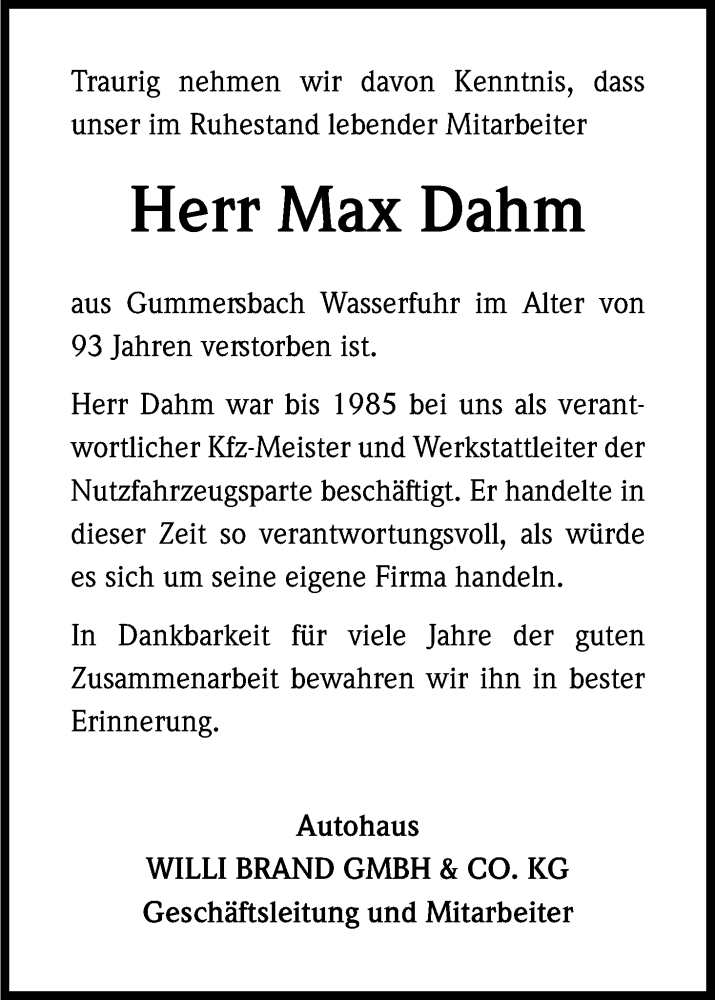  Traueranzeige für Max Dahm vom 23.11.2015 aus Kölner Stadt-Anzeiger / Kölnische Rundschau / Express
