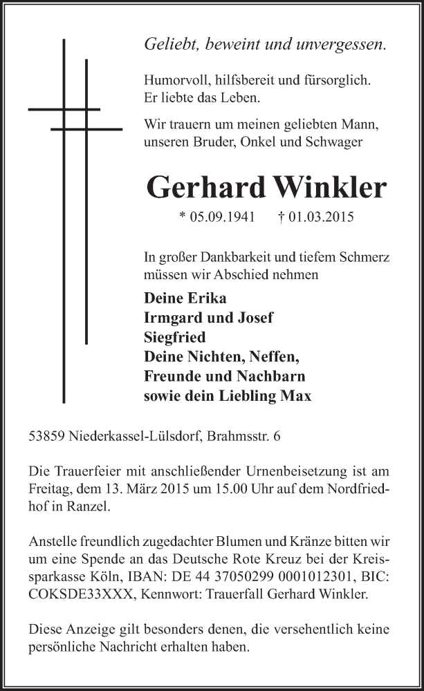  Traueranzeige für Gerhard Winkler vom 11.03.2015 aus  Extra Blatt 