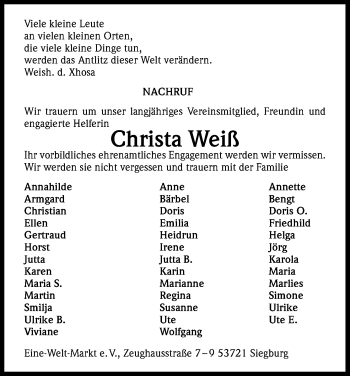 Anzeige von Christa Weiß von Kölner Stadt-Anzeiger / Kölnische Rundschau / Express