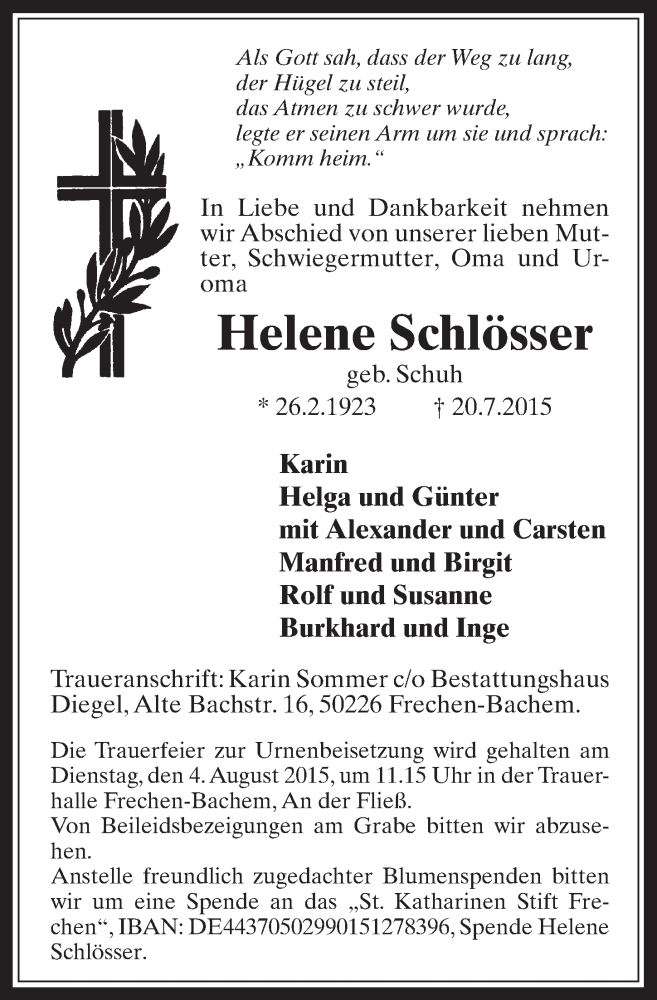  Traueranzeige für Helene Schlösser vom 29.07.2015 aus  Wochenende 