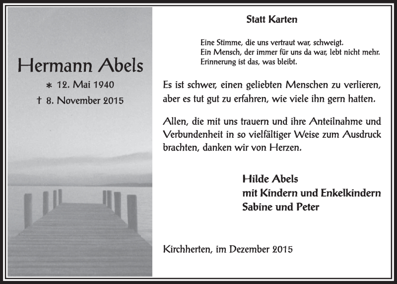  Traueranzeige für Hermann Abels vom 05.12.2015 aus  Sonntags-Post 