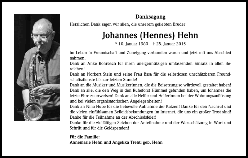  Traueranzeige für Johannes  Hehn vom 28.03.2015 aus Kölner Stadt-Anzeiger / Kölnische Rundschau / Express