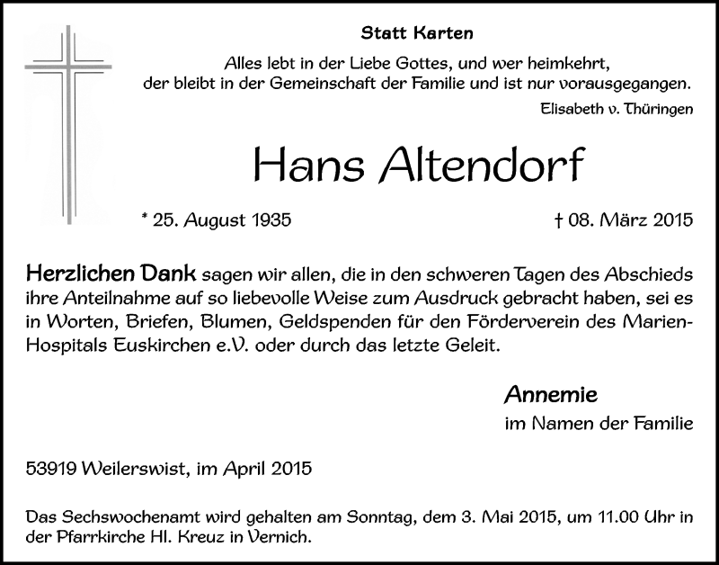  Traueranzeige für Hans Altendorf vom 26.04.2015 aus  Blickpunkt Euskirchen 