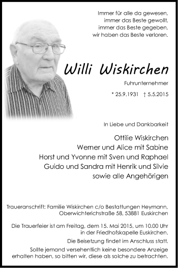 Anzeige von Willi Wiskirchen von Kölner Stadt-Anzeiger / Kölnische Rundschau / Express