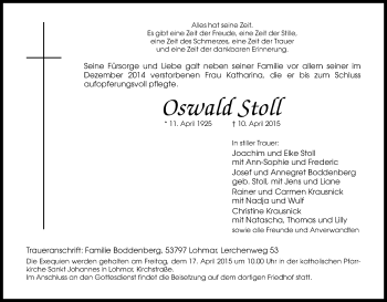 Anzeige von Oswald Stoll von Kölner Stadt-Anzeiger / Kölnische Rundschau / Express