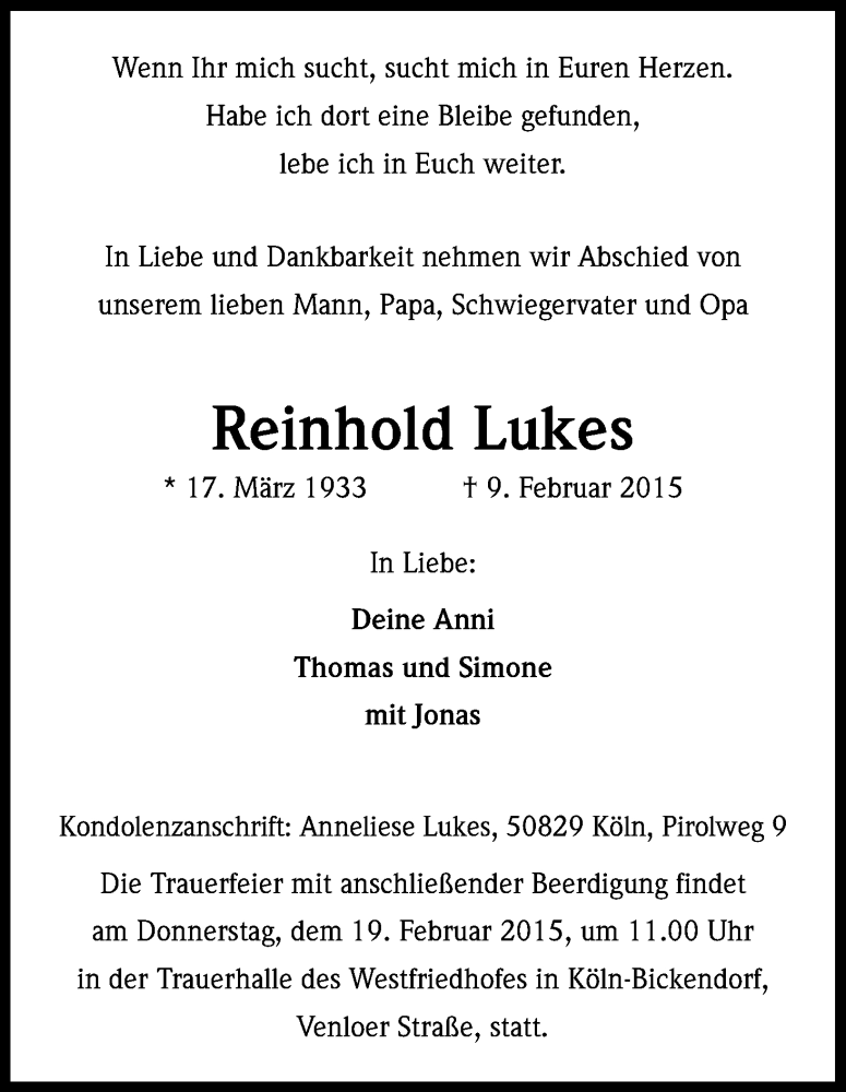  Traueranzeige für Reinhold Lukes vom 17.02.2015 aus Kölner Stadt-Anzeiger / Kölnische Rundschau / Express