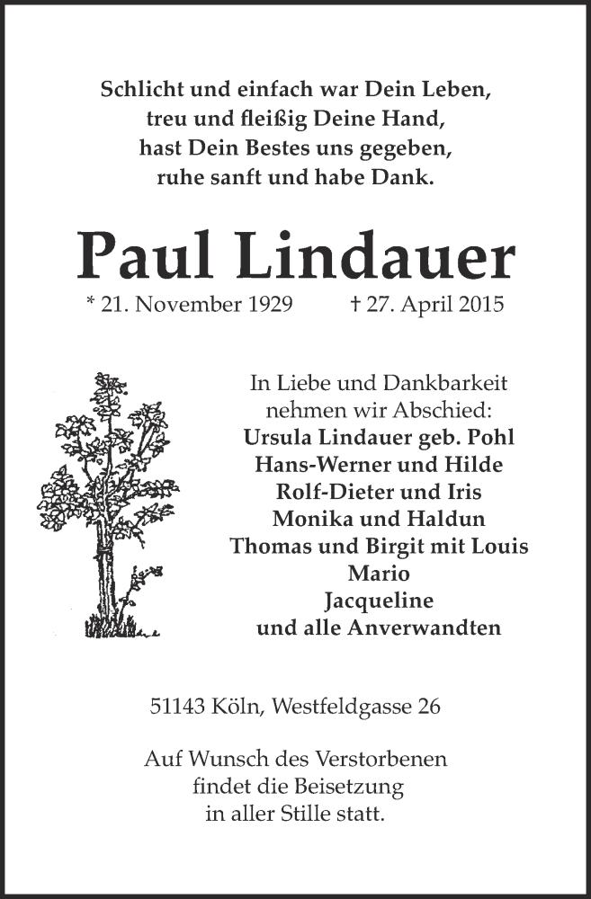  Traueranzeige für Paul Lindauer vom 06.05.2015 aus  Kölner Wochenspiegel 