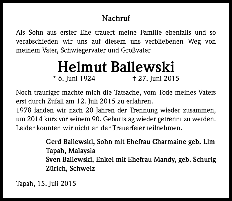  Traueranzeige für Helmut Ballewski vom 18.07.2015 aus Kölner Stadt-Anzeiger / Kölnische Rundschau / Express