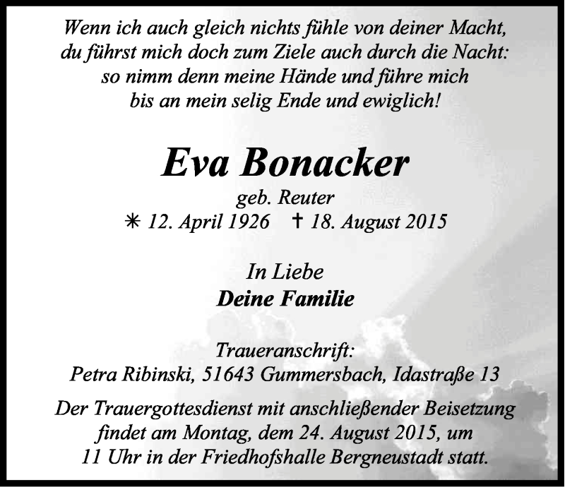  Traueranzeige für Eva Bonacker vom 21.08.2015 aus Kölner Stadt-Anzeiger / Kölnische Rundschau / Express