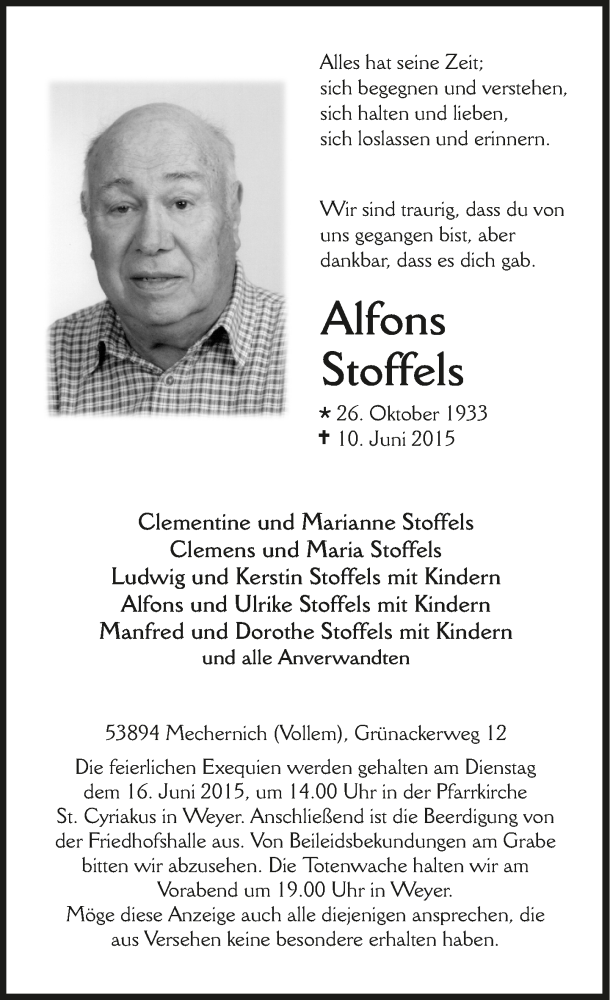  Traueranzeige für Alfons Stoffels vom 14.06.2015 aus  Blickpunkt Euskirchen 
