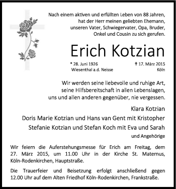 Anzeige von Erich Kotzian von Kölner Stadt-Anzeiger / Kölnische Rundschau / Express