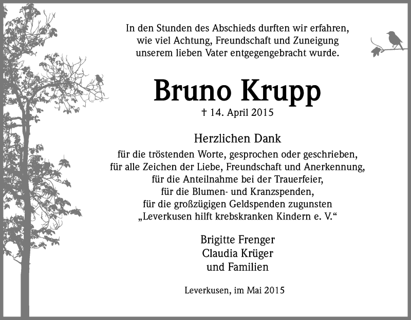  Traueranzeige für Bruno Krupp vom 23.05.2015 aus Kölner Stadt-Anzeiger / Kölnische Rundschau / Express