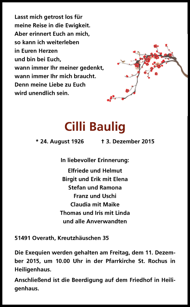  Traueranzeige für Cilli Baulig vom 08.12.2015 aus Kölner Stadt-Anzeiger / Kölnische Rundschau / Express