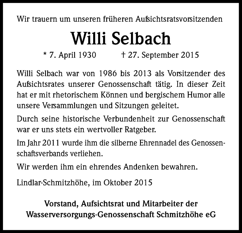  Traueranzeige für Willi Selbach vom 13.10.2015 aus Kölner Stadt-Anzeiger / Kölnische Rundschau / Express