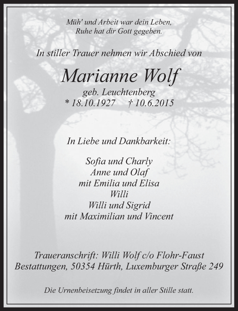  Traueranzeige für Marianne Wolf vom 17.06.2015 aus  Wochenende 