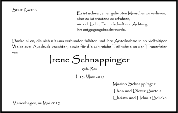Anzeige von Irene Schnappinger von Kölner Stadt-Anzeiger / Kölnische Rundschau / Express