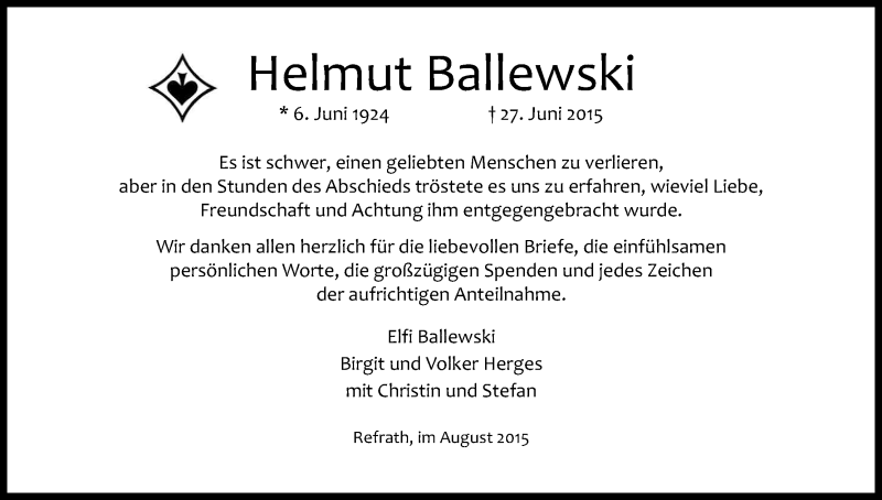  Traueranzeige für Helmut Ballewski vom 15.08.2015 aus Kölner Stadt-Anzeiger / Kölnische Rundschau / Express