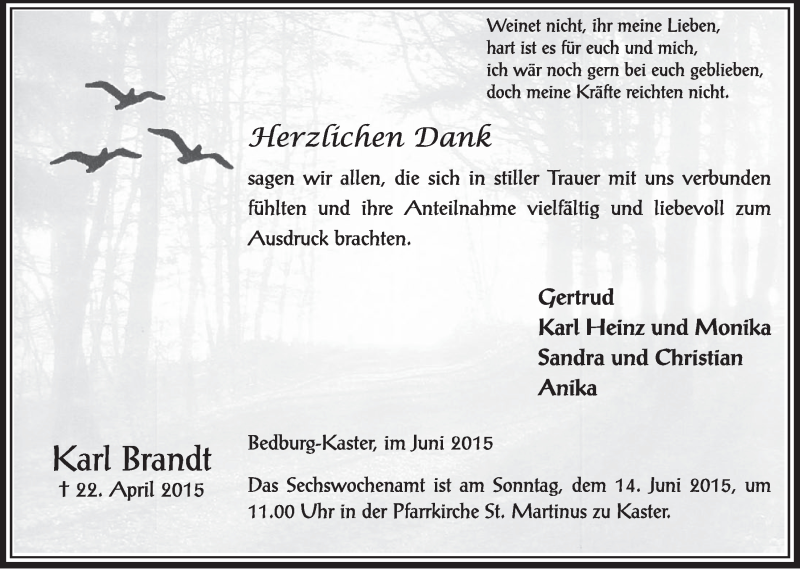  Traueranzeige für Karl Brandt vom 30.05.2015 aus  Sonntags-Post 